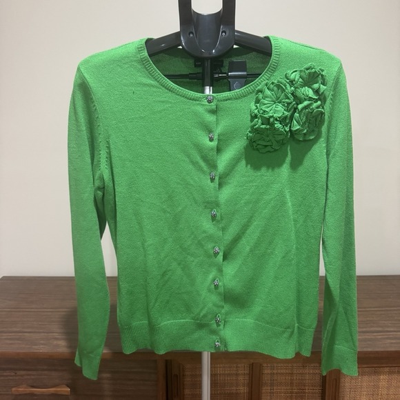 New York & Company Sweaters - Green Cardigan Sweater Floral Appliqué Rhinestone Buttons Large Romantic Preppy